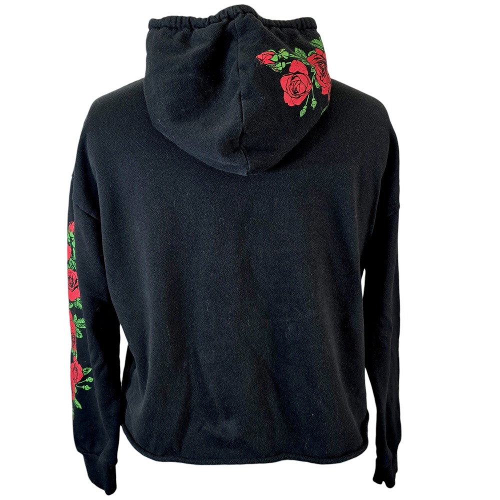 Rebellious One Womens Black Rose Floral Graphic Cropped Hoodie Sweatshirt L - Picture 3 of 9